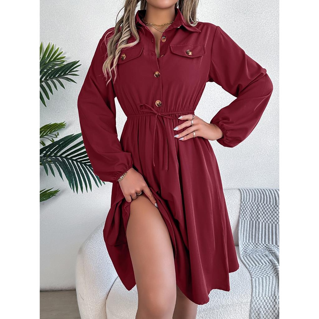 HNXC Autumn and Winter Casual Button-tied, Waist-cinching Long-sleeved Shirt Dress for Women
