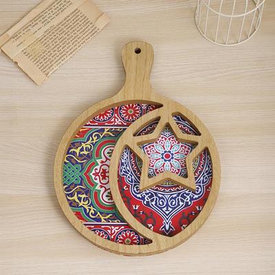 Eid Party Serving Tableware Round Floral Print Eid Serving Dishes Holiday Serving Tray Eid Wood Tray With Handle Food Serving