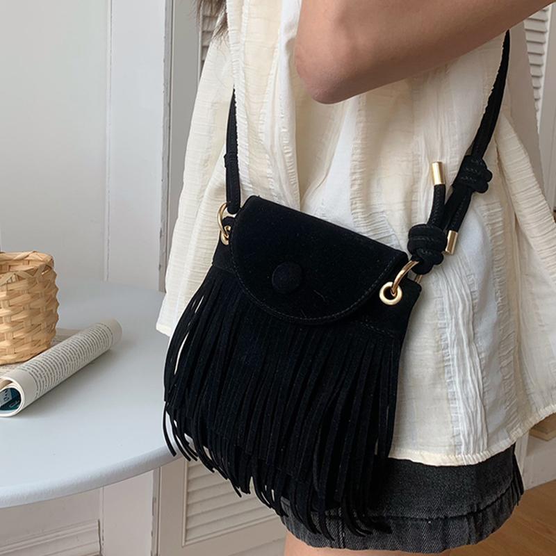 Mode Retro Faux Mocka Dam Messenger Väskor Tote Liten Tofs Handväska För Damer Flikdesign Axel Crossbody Väska