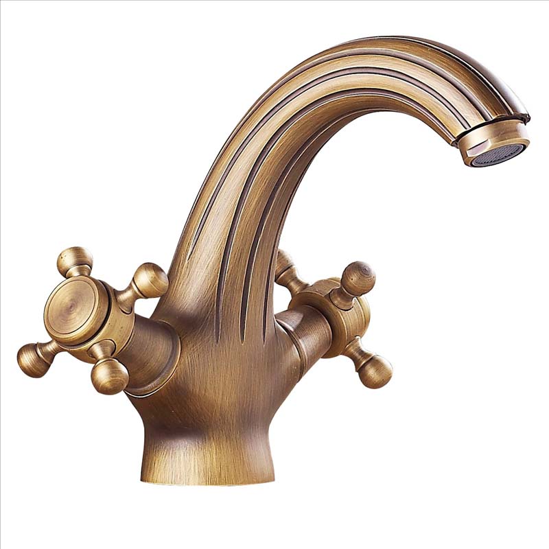 Dual Handles Antique Basin Hot and Cold Water Single Hole Crane Bronze Sink Faucet Bathroom Vintage Mixers Taps
