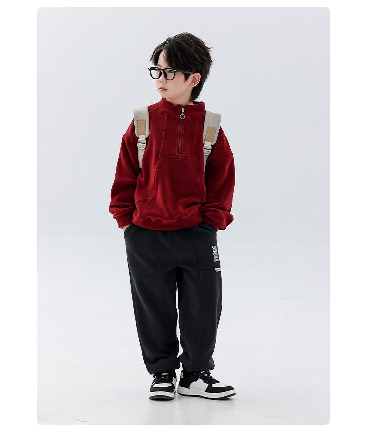 Doppelseitiger Kapuzenpullover für Jungen aus australischem Fleece mit halbem Reißverschluss - Kollektion Winter 2025, Stehkragen, Langarm-Oberteil für mittleres und großes Kind