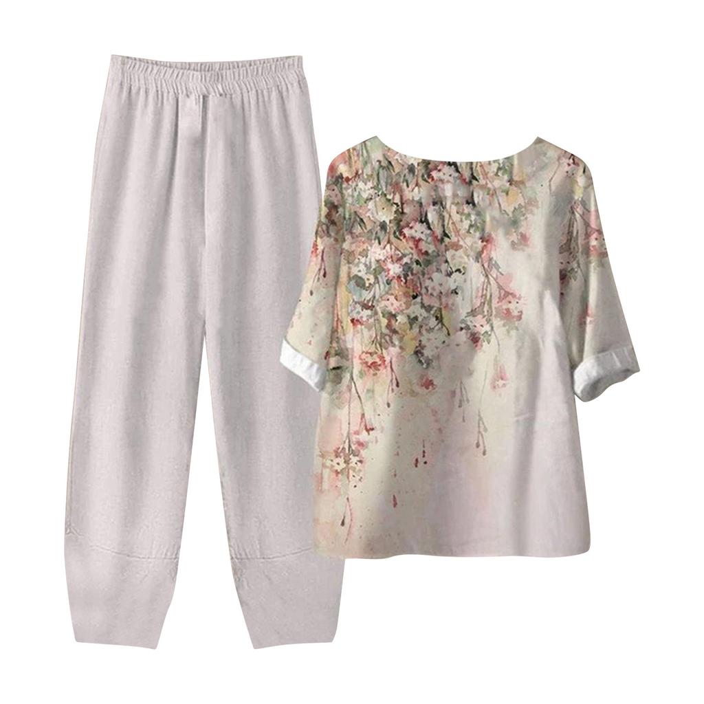 Dámské letní topy s polovičním rukávem s potiskem, elastický pas, devítidílné kalhoty, dvoudílná sada