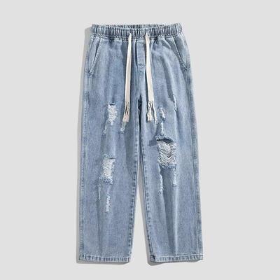 2024 Summer Men's Loose Fit Ripped Elastic Waist Jeans - Hong Kong Style Korean Influence