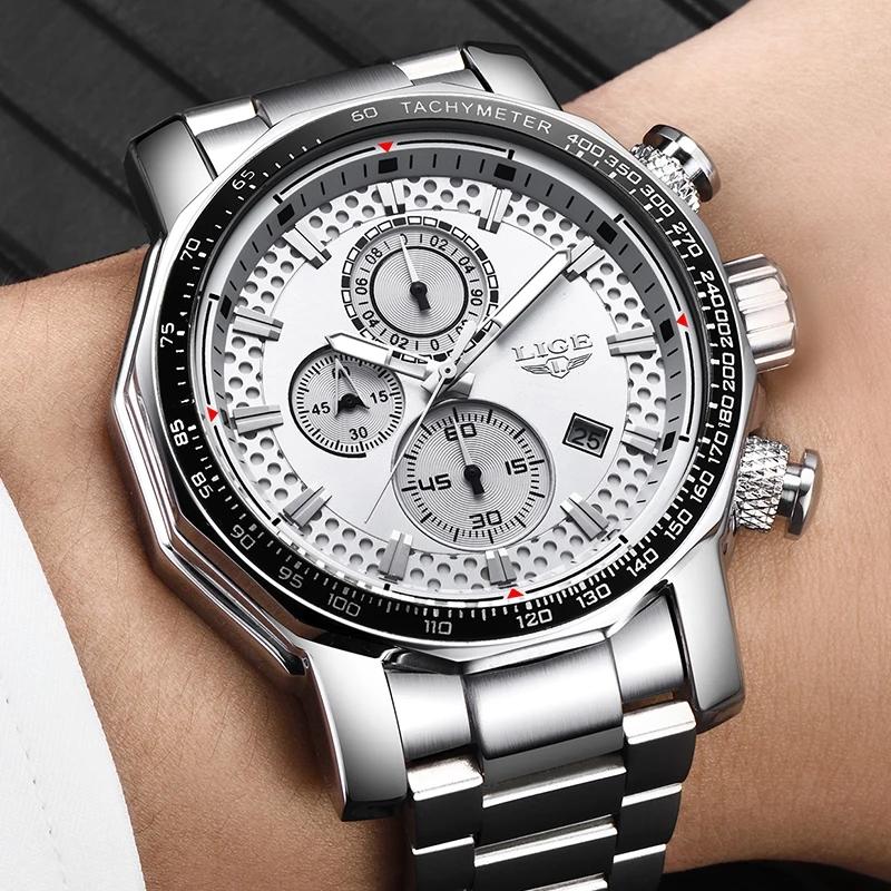 LIGE Watches for Men New Business Sport Chronograph Quartz Wristwatch Clock Waterproof Big Dial Male Watch Reloj Hommes+BOX