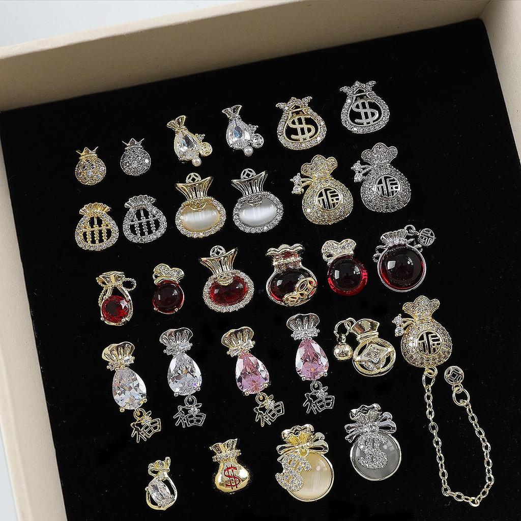 Nový rok nail art: Luxusní přívěsek Fortune Bag ze zirkonu a zlatem vykládané nositelné doplňky na nehty s kamínky