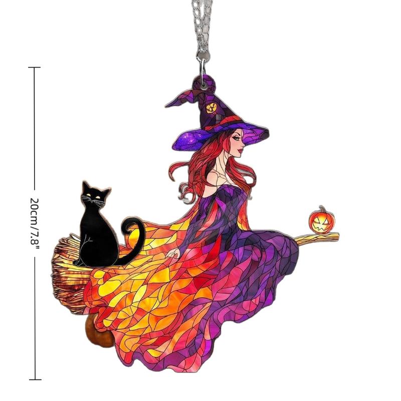 Gothic Acrylic Witch &Black Cat Suncatcher, Halloween Window Decoration Wind Chime, Broom Witch Hanging Ornament For Home &Party