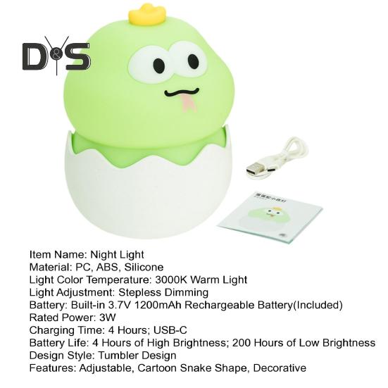 Kubek-lampa nocna w kształcie węża ze skorupki jajka, ładowalny, regulowany, kreskówkowy wąż, lampka biurkowa, dekoracyjna lampa stołowa LED do domu, biura, sypialni, przy łóżku