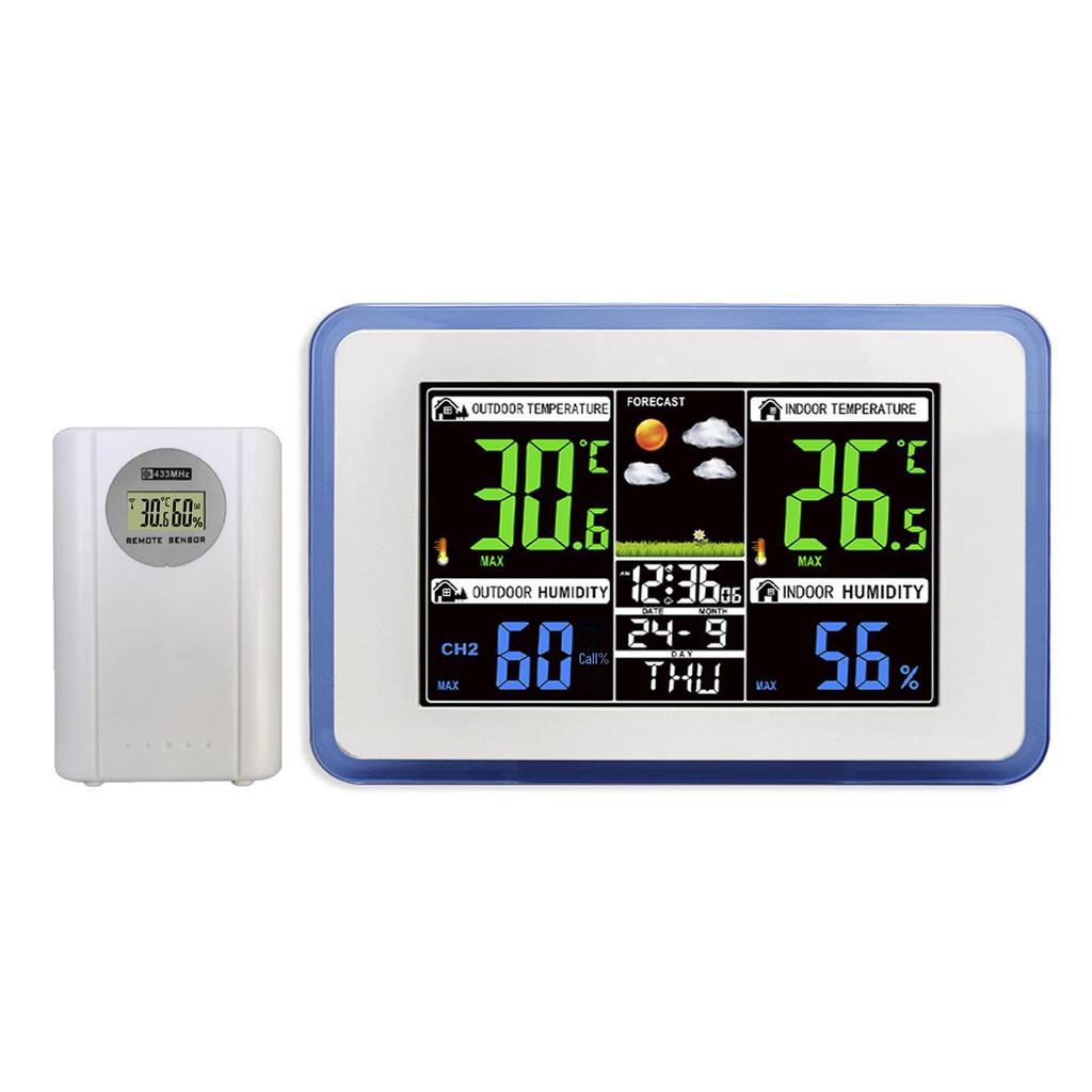 "433MHz bezdrátové hodiny předpovědi počasí s barevným displejem, vnitřní/venkovní monitorování teploty a vlhkosti a duální alarm"