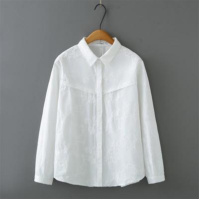 2026 Spring Plus Size Women's White Pure Cotton Embroidered Lapel Cardigan Shirt