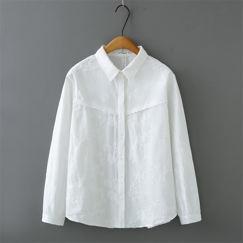 

2026 Spring Plus Size Women s White Pure Cotton Embroidered Lapel Cardigan Shirt 3XL белый