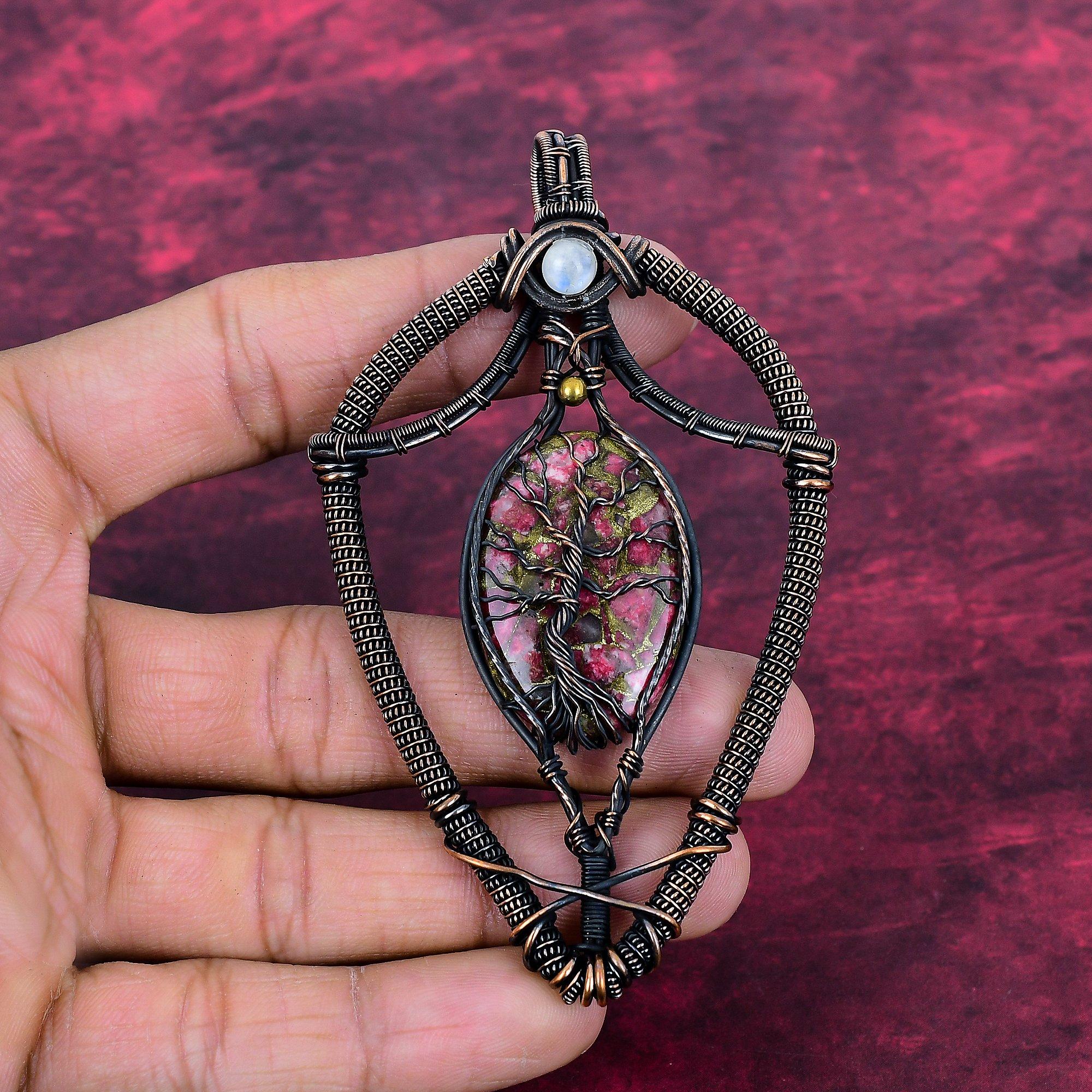 Tree Of Life Copper Thulite Gemstone Pendant Copper Wire Wrapped Jewelry Rainbow  Moonstone Pendant