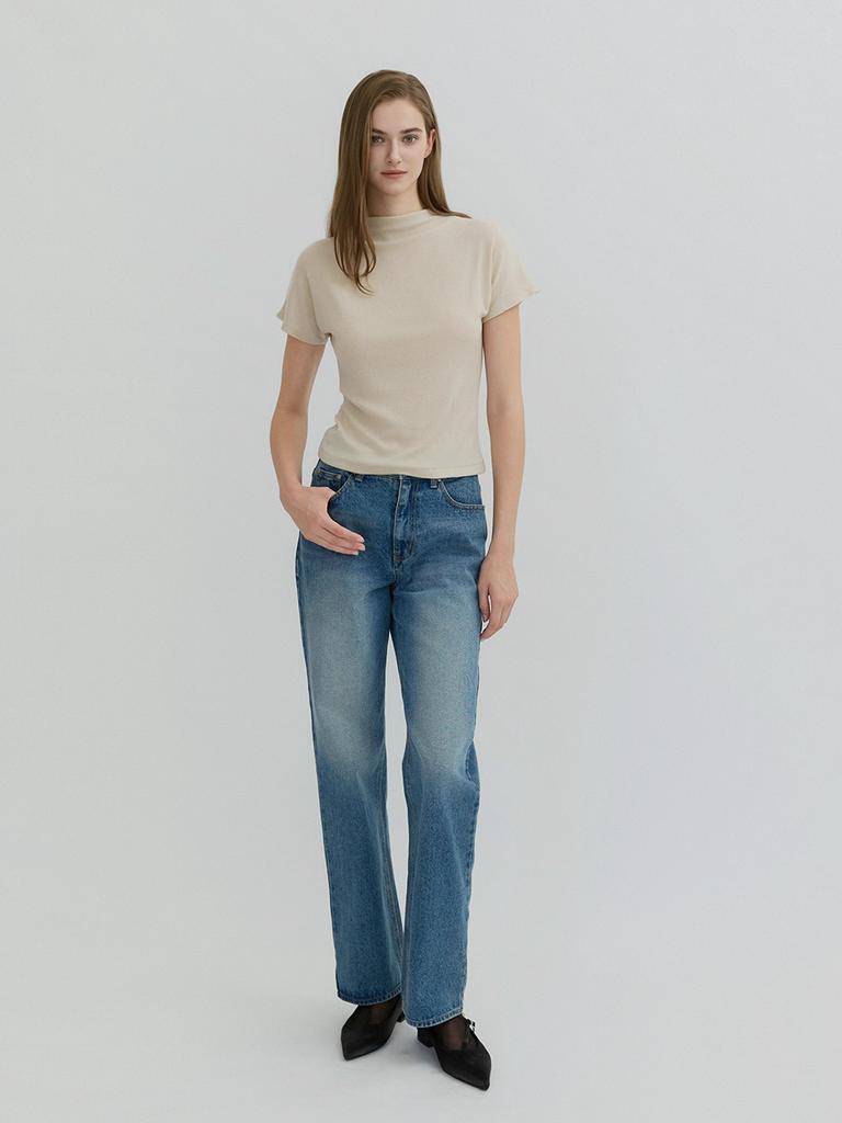 Aeskoneo Mock Neck Dolman Short Sleeve T-Shirt Beige At5Tsf078Bi