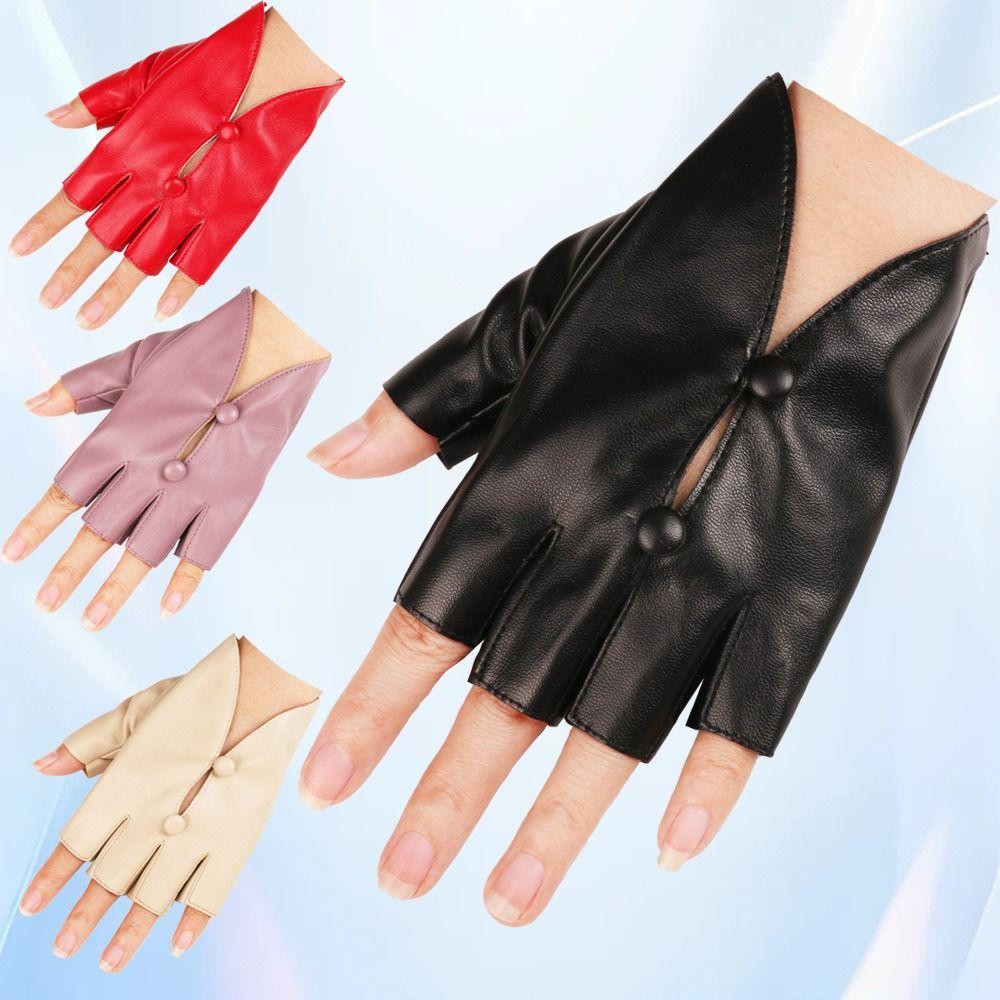 PU Leather Women Leather Gloves Button Hole Leather Gloves Half Finger Gloves  Mitten Accessories