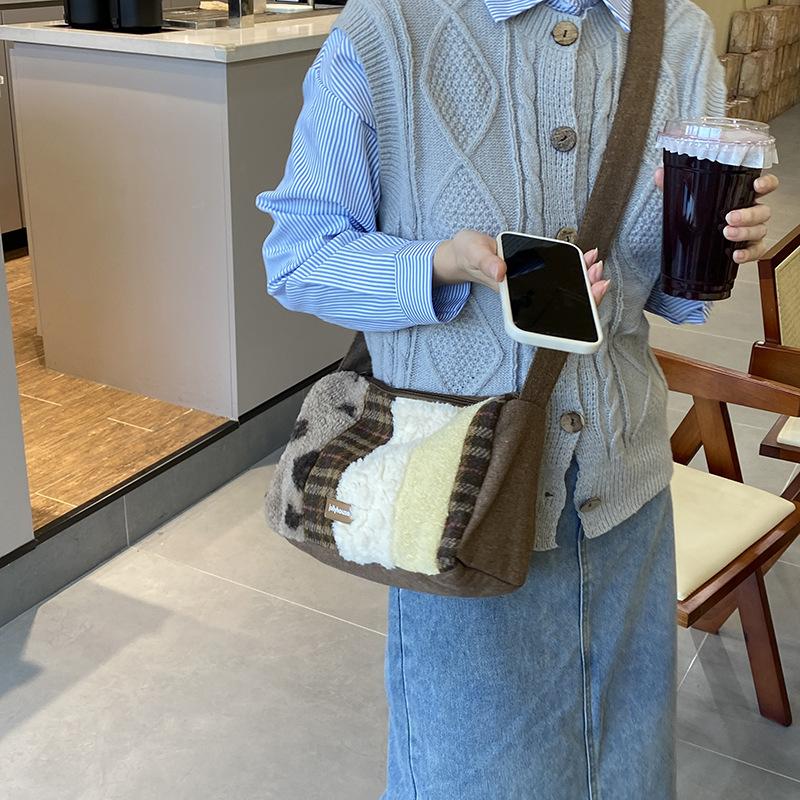 Женские сумки на плечо с контрастной вставкой, плюшевая винтажная леопардовая сумка-тоут для девушек, большая женская сумка через плечо коричневый