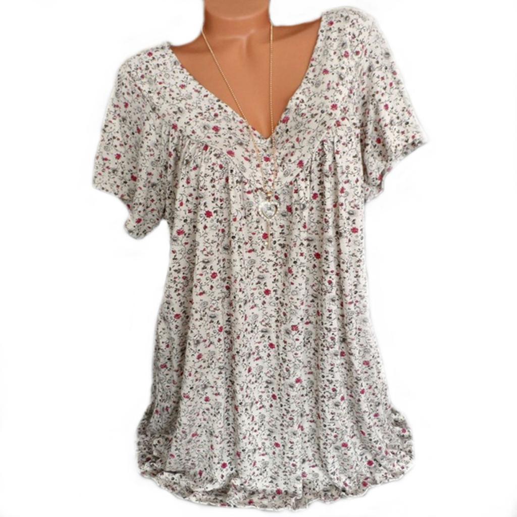Large Size, Floral Top, V-neck, T-shirt, Loose Fit, Short Sleeved, Printed T-shirt