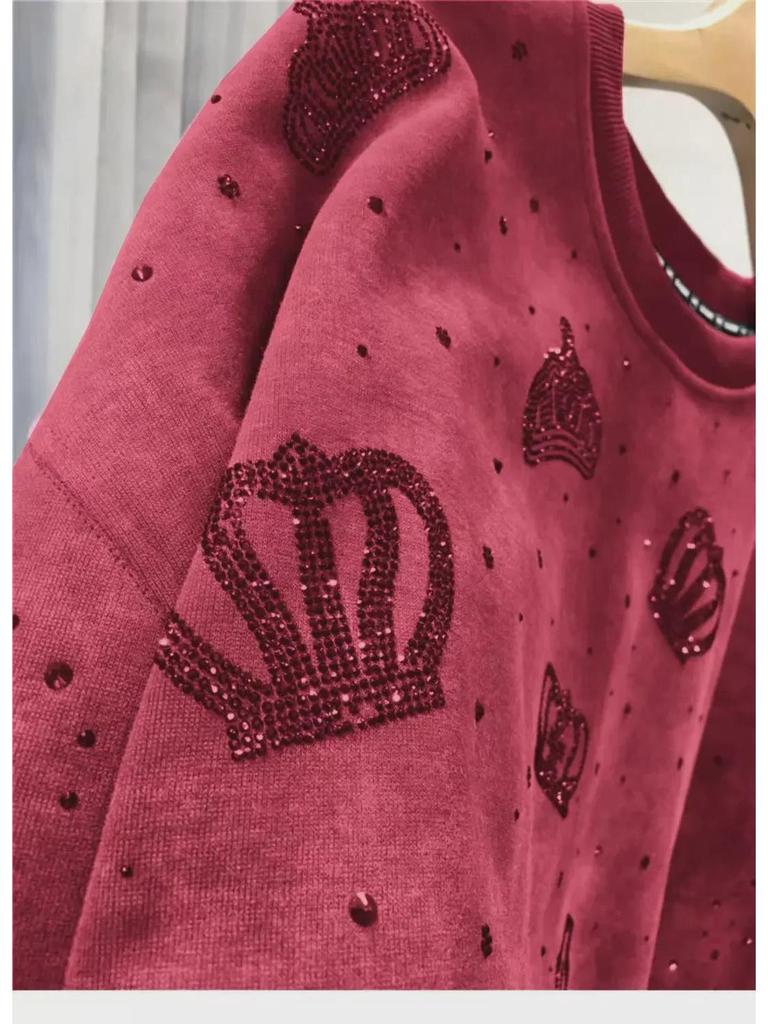 European Luxury Crown Diamond Sweater: Women's Plus-Size Velvet Thick Long Sleeve Top