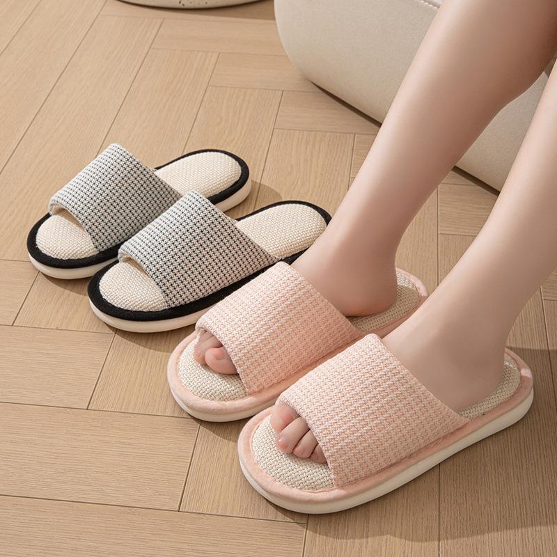 Elegant Hairy Slippers Small Perfume Style Linen Slippers Indoor Sandals Slippers Plaid Simple Fabric Cotton Slippers Female Home Shoes Slippers Pink