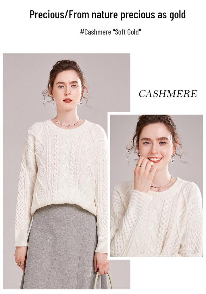 Women's Retro Loose Cable Knit Cashmere Sweater - Round Neck, High-End Texture, Autumn/Winter Base Layer.