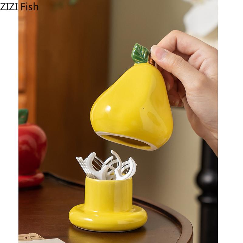 Creative Fruits Toothpick Holder Cotton Swab Can Apple/pear Shape Ceramic Jar Desktop Organizer Dental Floss Box Storage Jars