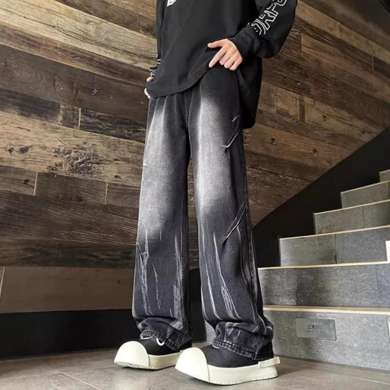 Mens Vintage Baggy Straight Jeans Washed Gradient Casual Denim Pants Teens