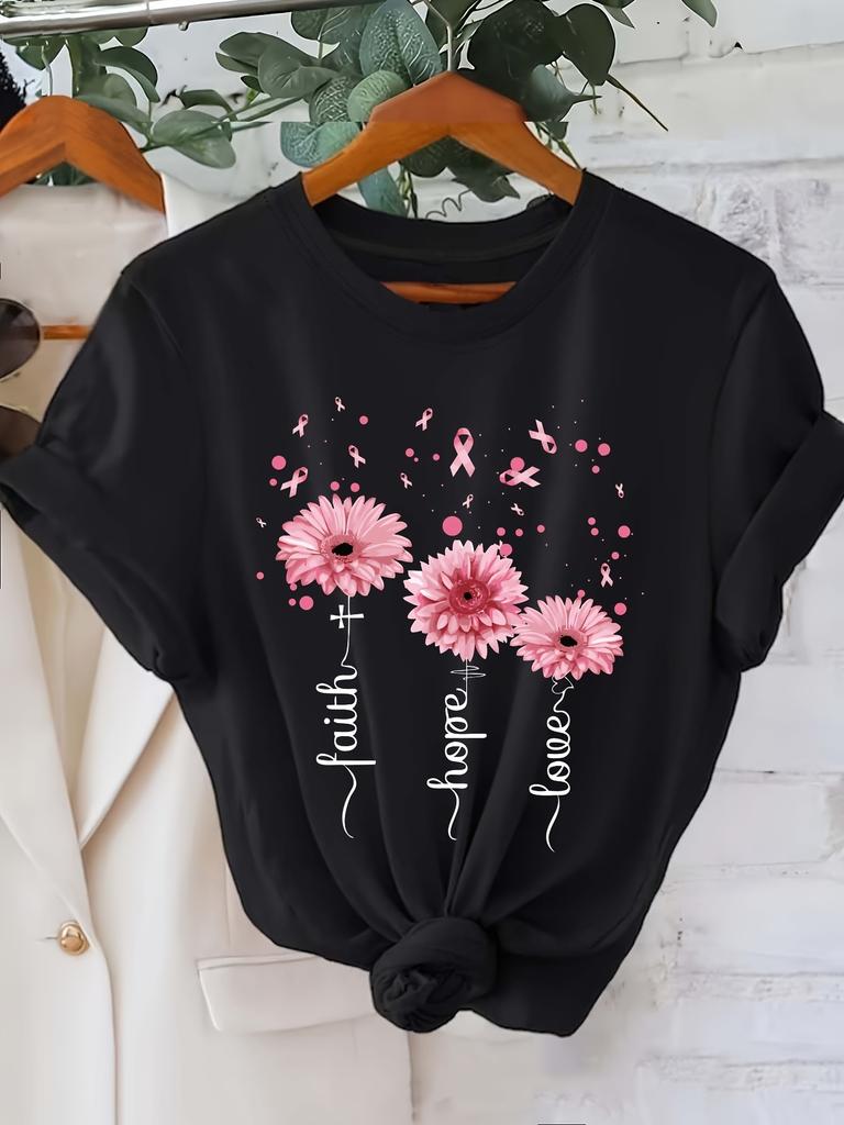European sizes Women'S Floral Faith Letter Print T-Shirt, Casual Crew Neck Short Sleeve Top, Polyester Knit Fabric, All Season Comfort Fit