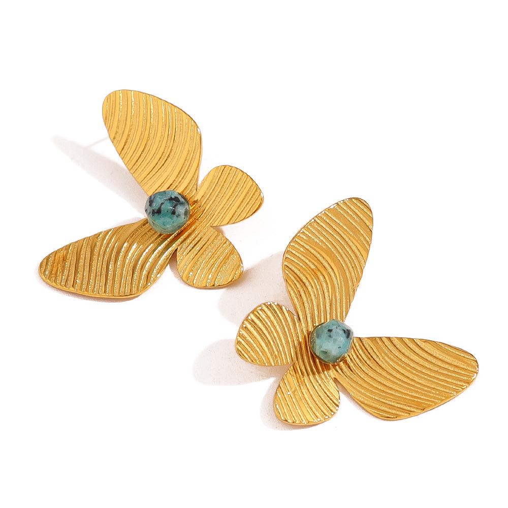 Retro African Turquoise Butterfly Earrings, 18K Gold-Plated Titanium Steel, Women's Fashion Jewelry