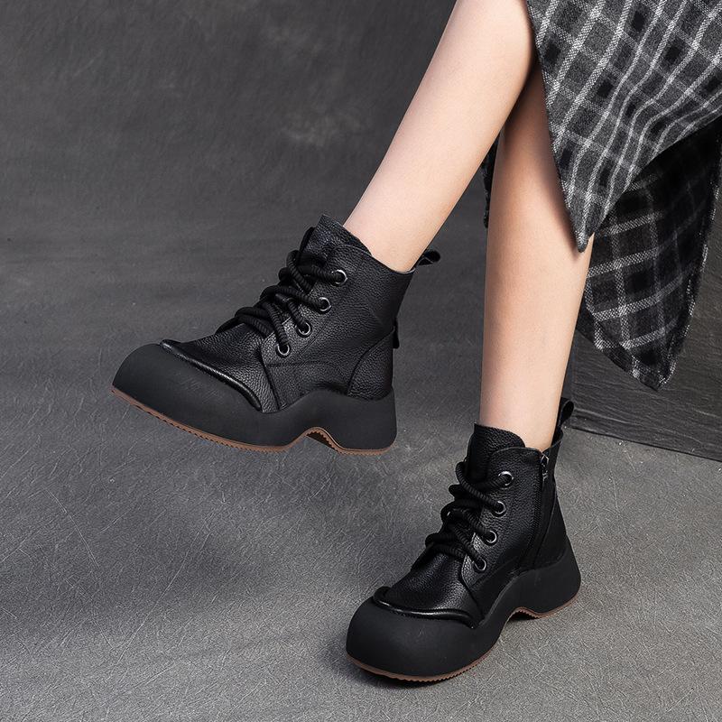 Fashion GKTINOO Genuine Leather Short Boots Casual  Women Flat Platform Shoes 2025 Autumn Winter New Thick Soled Comfortable Sneakers