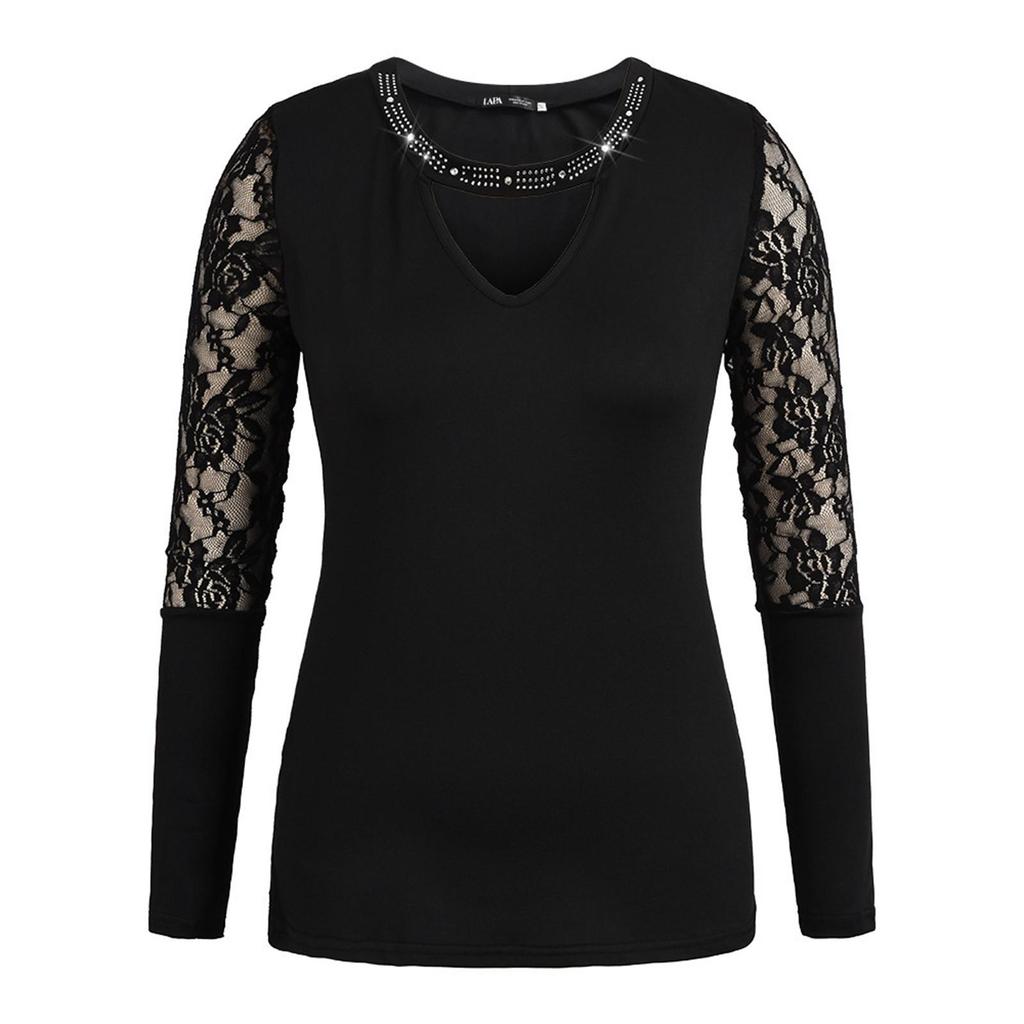 Women's Fashion New Design Lace Splicing Hot Stamping Diamond Slim Slim Mesh Long Sleeve Tops