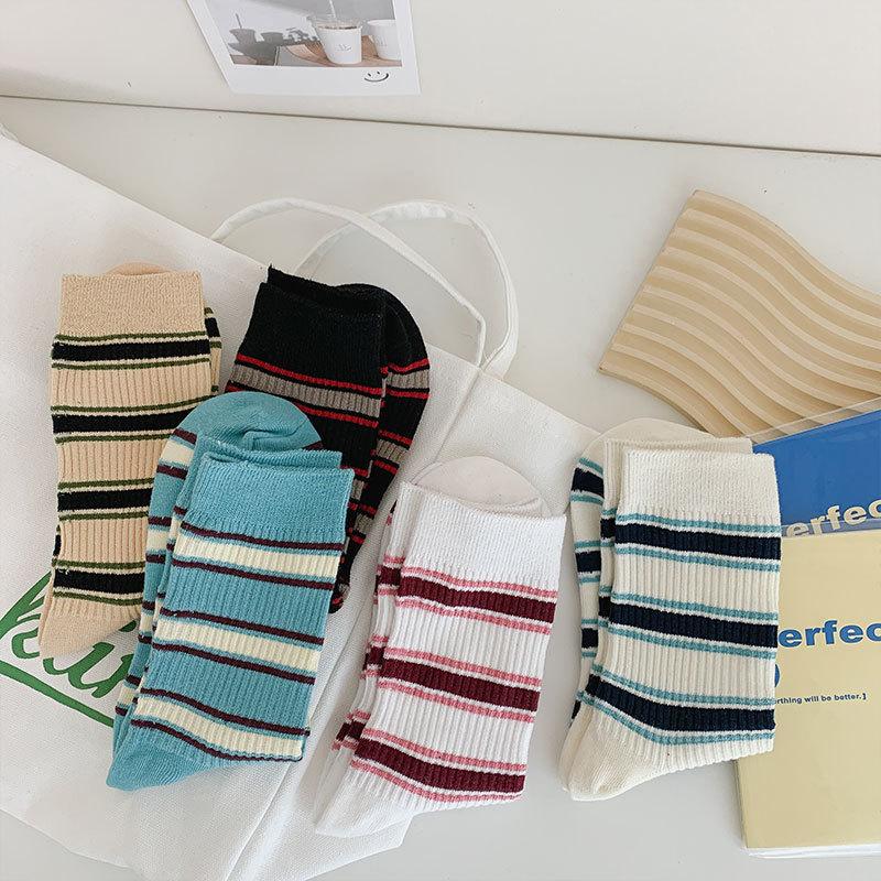 Socks Season Casual Stripes Fresh And Sweet Cotton Socks Trendy Simple Mid-Tube Stacking Socks