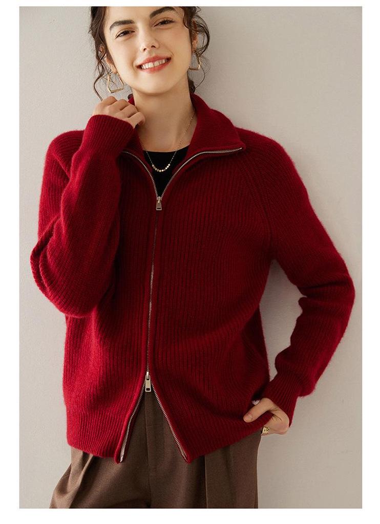 2024 Autumn/Winter Women's Long Sleeve Cashmere Knit Cardigan - Loose Fit Zipper Retro Fashion Jacket