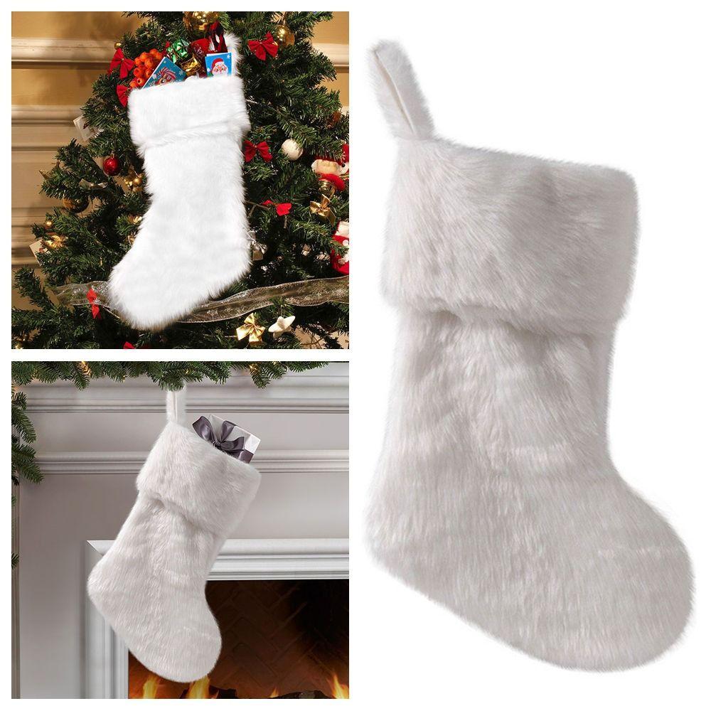 

Creative White Christmas Stocking Xmas Tree Ornament Furry Gift Bag Socks Festival Decorations DIY Cartoon Doll Stockings Gift White-