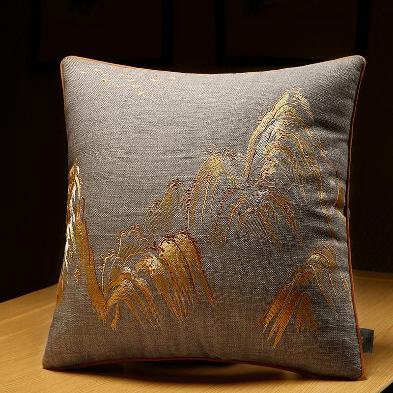 Sofa Throw Pillow Pillowcase Soft Silky Feeling Backrest Cushion Cover Living Room Luxury Decor Chinese Shanshui Embroidery