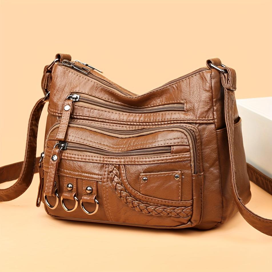 Women'S Large Capacity Soft Leather Shoulder Bag Casual Crossbody Purse With Random Floral Embellishments Multiple Pockets Braided Accents