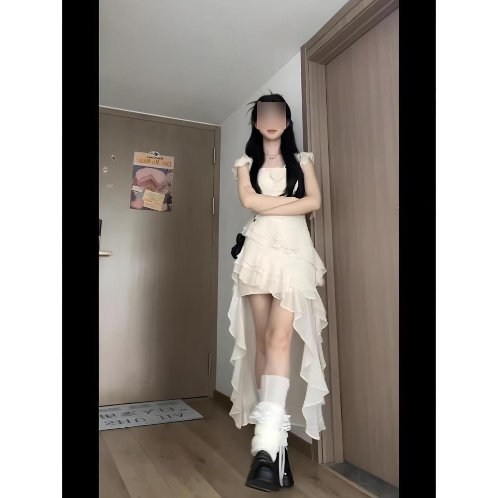 Французское высококачественное сладкое и пряное белое тонкое платье женское летнее с неровными бретелями темпераментное облегающее платье на талии s-(can be worn within 45kg ) абрикосовый