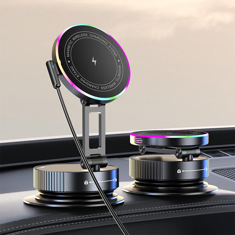 15W Foldable Rotating Alloy Car Wireless Charger with Magnetic Vacuum Suction Phone Holder