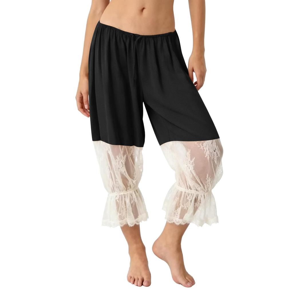 Women Ruffle Lace Trim Capris Low Cropped Pants Vintage Casual Pantaloons Pant