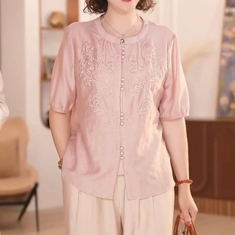 

New Chinese Style Mother s Summer Short-sleeved T-shirt Tops Noble Temperament Middle-aged Elderly Women XL