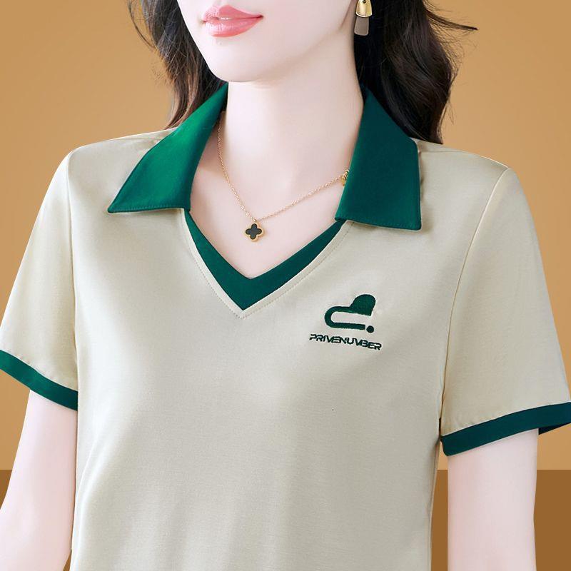 

Летняя новая свободная рубашка большого размера для мам среднего возраста с коротким рукавом и воротником, модная маленькая футболка для женщин 5XL