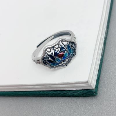 Hx Ethnic Style Hollow Blue Lotus Lock Ring For Men And Women Burning Blue Craft Hollow Simple Ring Index Finger Ring