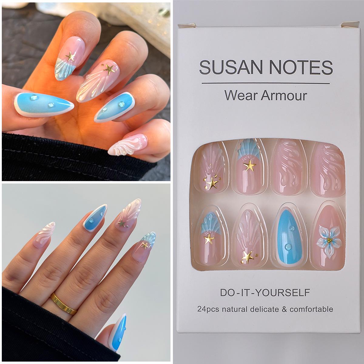 

3D Ручная работа Смола Узор Ракушка Французский Цветок Миндалевидная Форма Носимые Ногти - 24 Штуки