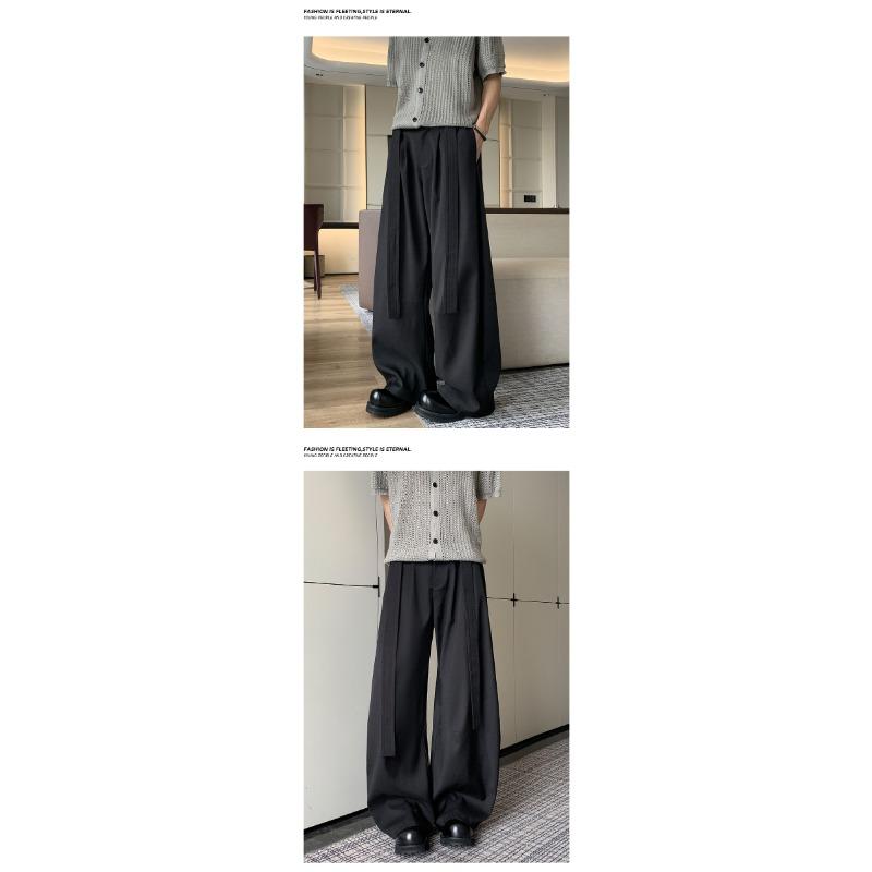 Men Double Belt Pleated Straight Micro Flared Loose Casual Dress Pants