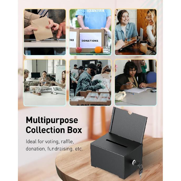Uniclife Metal Donation Box for Fundraising, Suggestion Box with Slot and Lock, Black Ballot Boxes with Sign Holder, Storage Container for Voting
