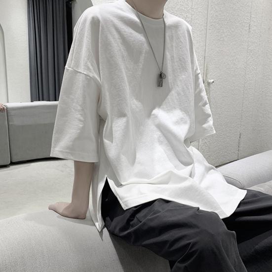 Men T-shirt Solid Color Simple Casual Young Style Friendly to Skin Round Neck Loose Split Hem Half Sleeves Summer Tops Men Clothes