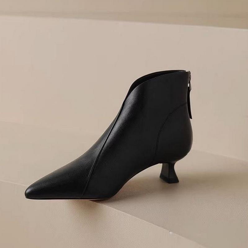 Fashion FHC New Autumn Women Ankle Boots,Fashion Soft Leather Shoes,Back Zip,Mid Heels Short Botas,Pointed Toe,Black,Brown,Dropship