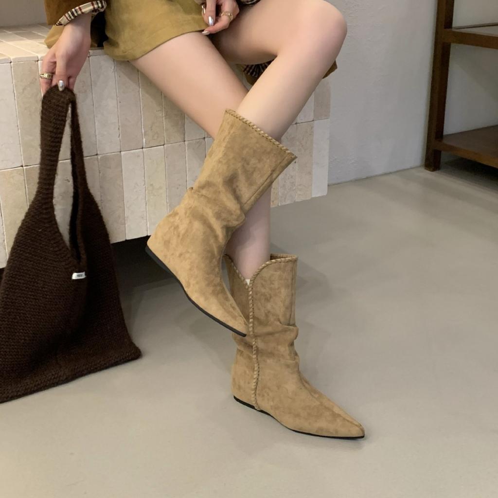 Middle Heel Pointed Head Thousand Gold Wind Fashion Boots European High Mercerized Cow Anti-velvet Stacking Boots Lazy Folded Short Boots