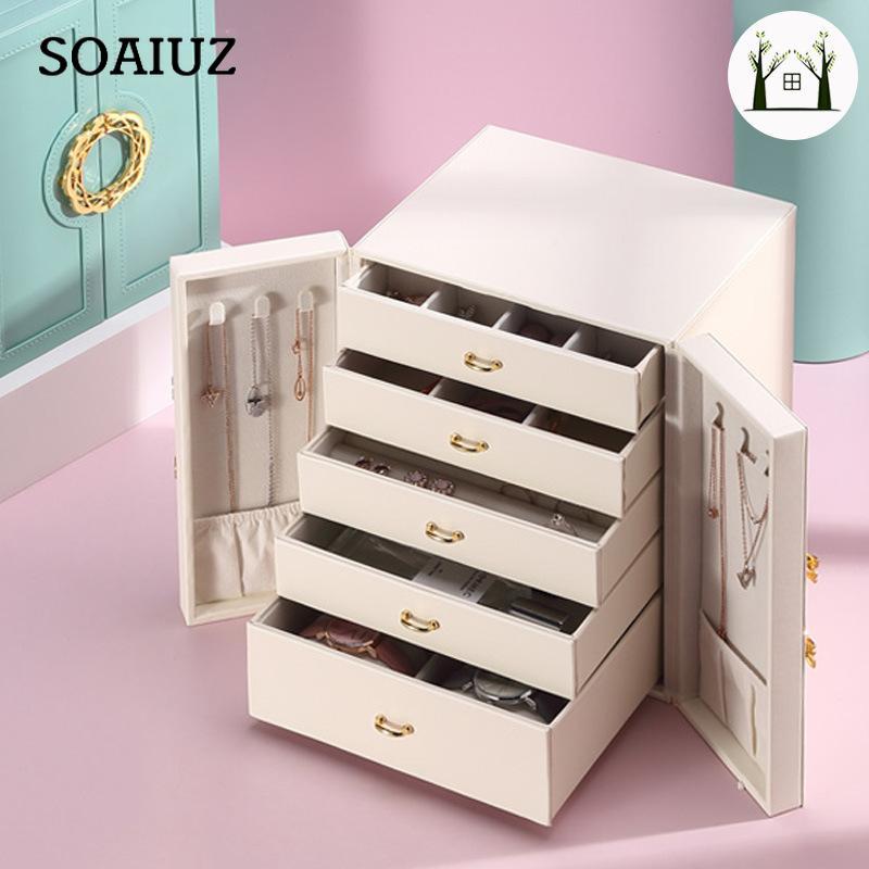 Cutie de bijuterii cu mai multe straturi Cutie de bijuterii din piele europeană de mare capacitate Bijuterii Prima cutie de depozitare pentru bijuterii Cadou Lumină de lux Capacitate mare