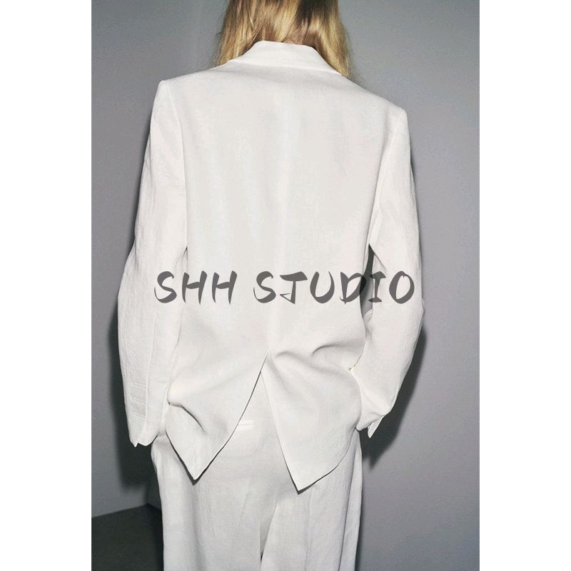 Long Sleeve Indented Lapel Linen Blend Blazers 3736045 Mid-Waist Casual Trousers 3736046