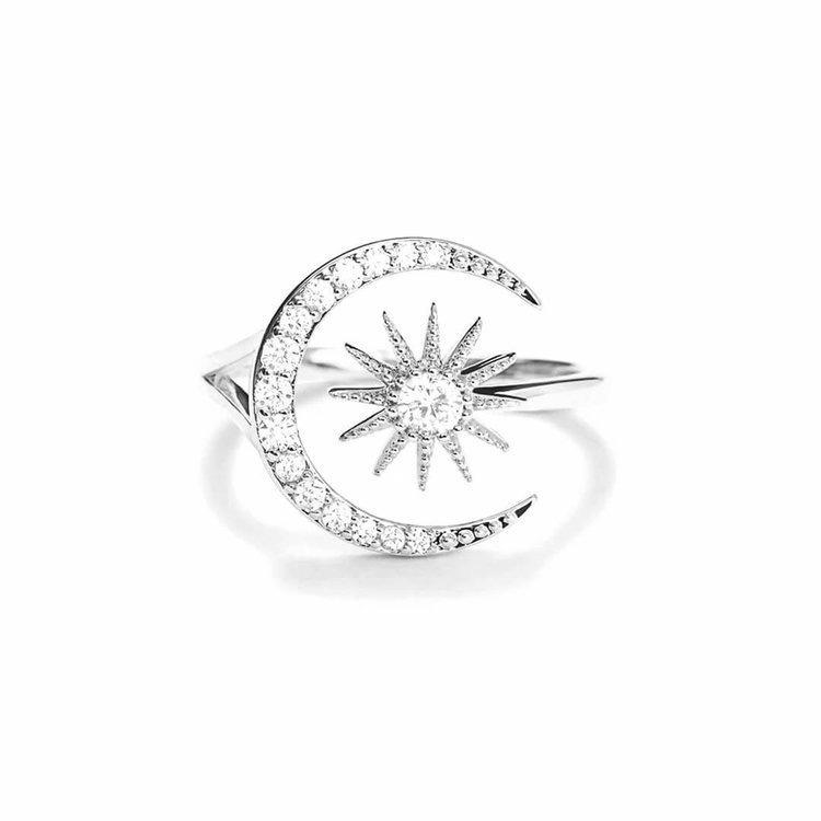 S925 Sterling Silver Moon and Star Crescent Diamond Ring for Women