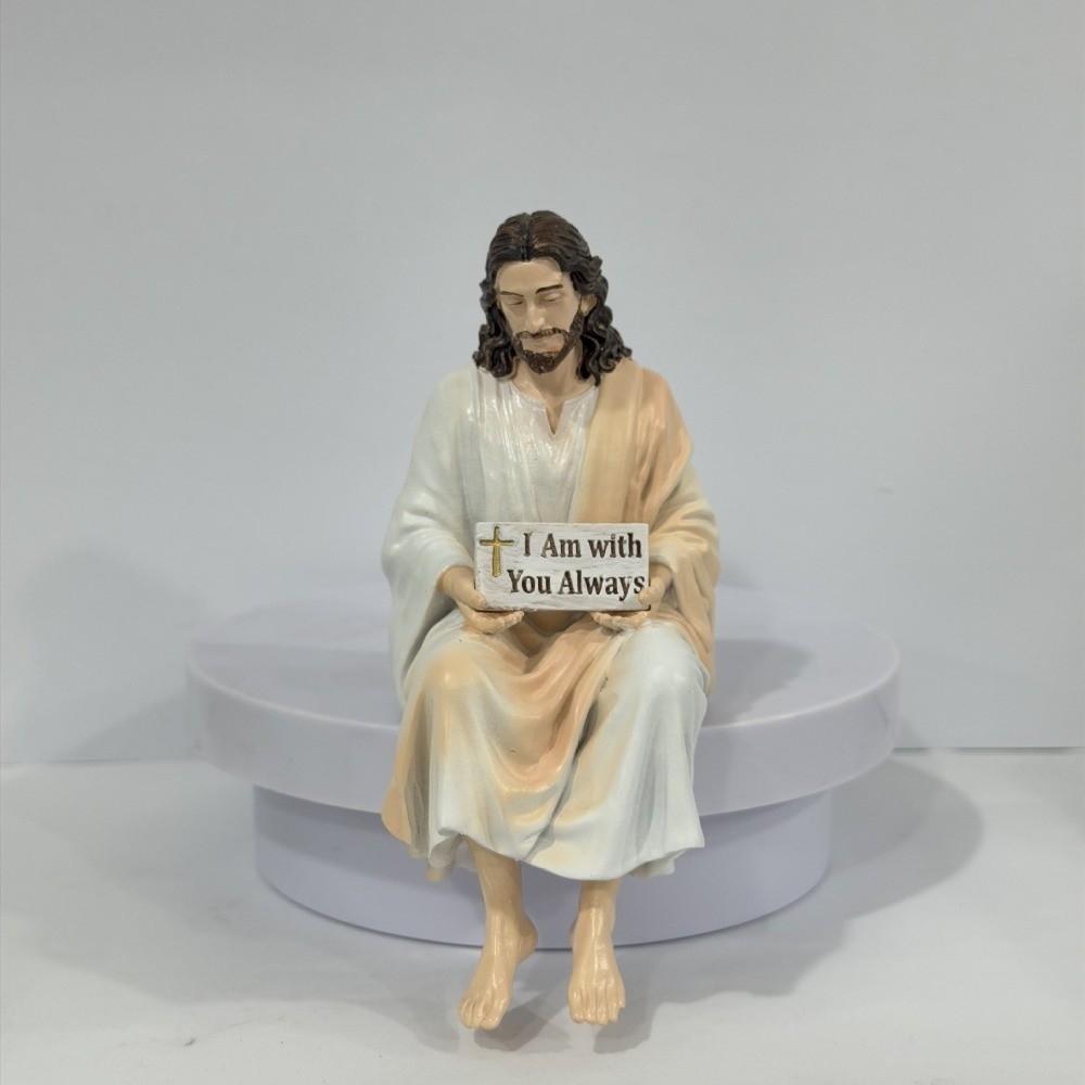 Hand Painted Jesus Figurine I Am with You Always Sitting Pose Jesus Christ Statue Unique Handmade Resin Jesus Ornament
