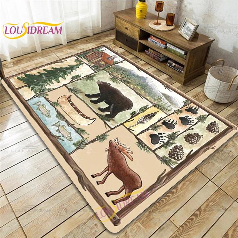 Country Style Farmhouse Lodge Bear Moose Deer Soft Rug Square Flannel Home Rug Vintage Home Living Room Floor Mats Bedroom Rug